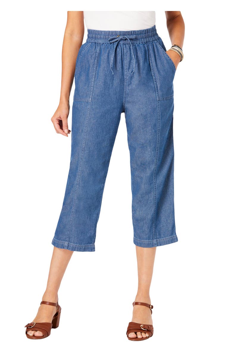 Roaman's Plus Size Chambray Wide Leg Capri Pant, Main, color, Light Stonewash