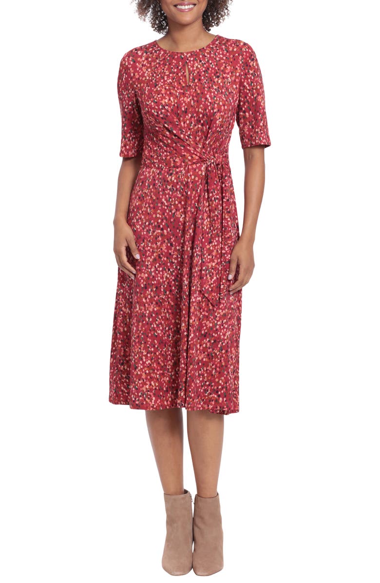 London Times Galaxy Dots Waist Tie Midi Dress, Main, color, Red