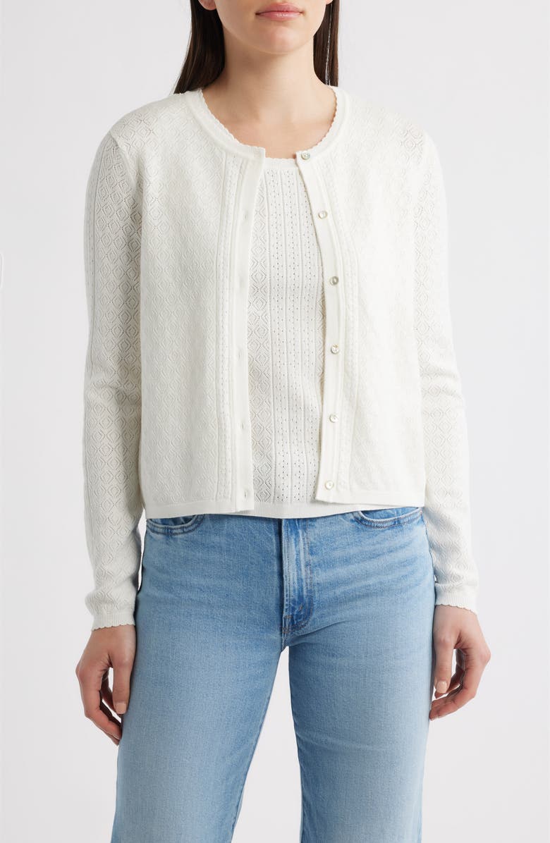 Elie Tahari The Steele Mixed Pointelle Cardigan, Main, color, Ivory