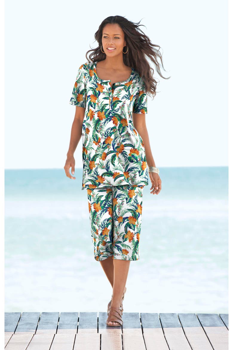 Plus Size 2-Piece Printed Henley Top And Capri Set, Alternate, color, BLACK HOT TROPICS