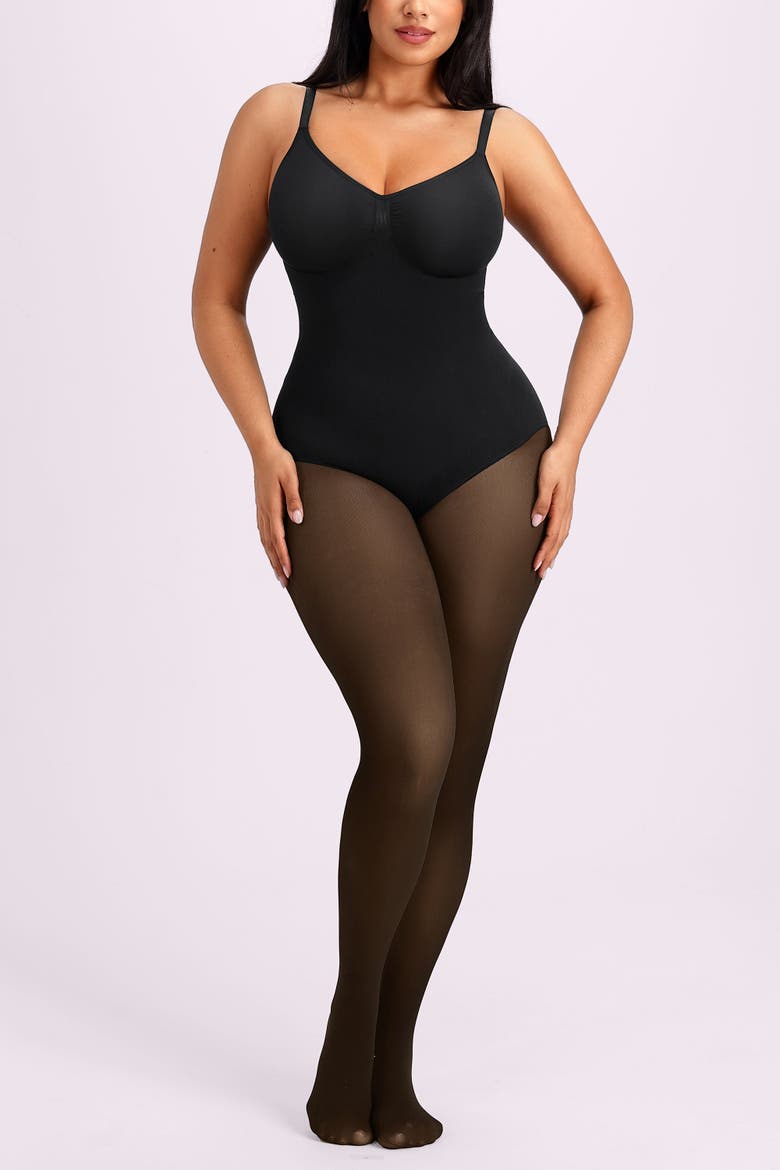 Sheer-Look Fleece-Lined Thermal Full Body Shaping Tights, Alternate, color, Black Nude
