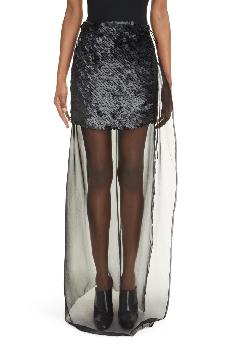 Silene Asymmetric Sheer Sequin Georgette Skirt, Main, color, BLACK 900