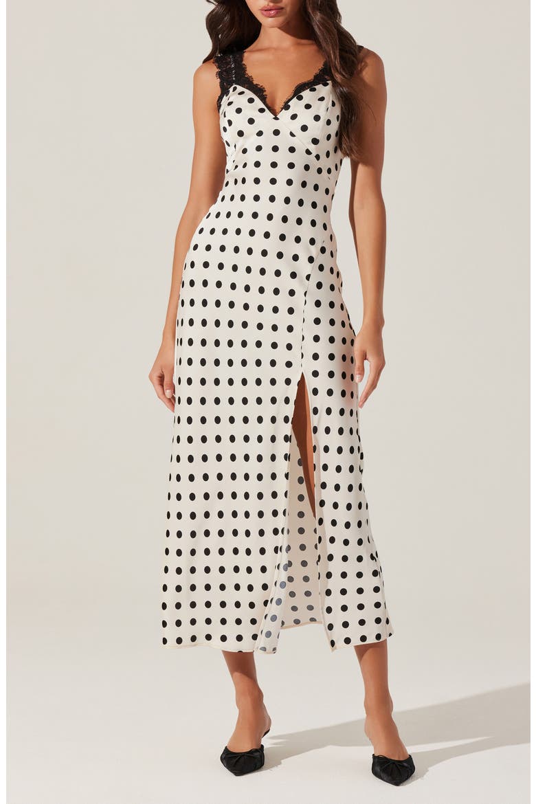 Eirene Lace Trim Polka Dot Dress, Main, color, BLACK POLKA DOT