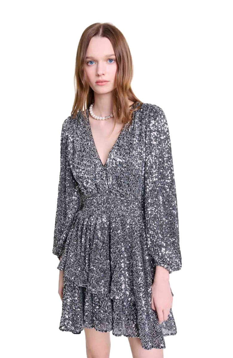 maje Short ruffled sequinned dress, Alternate, color, 