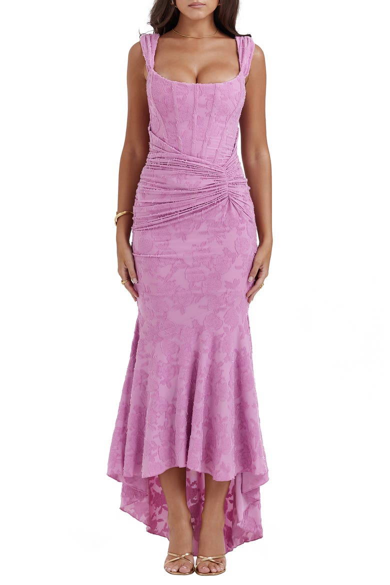Cesca Floral Ruched High-Low Corset Dress, Main, color, WARM PINK