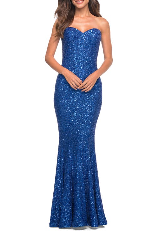 La Femme Strapless Sweetheart Luxe Sequin Gown In Royal Blue