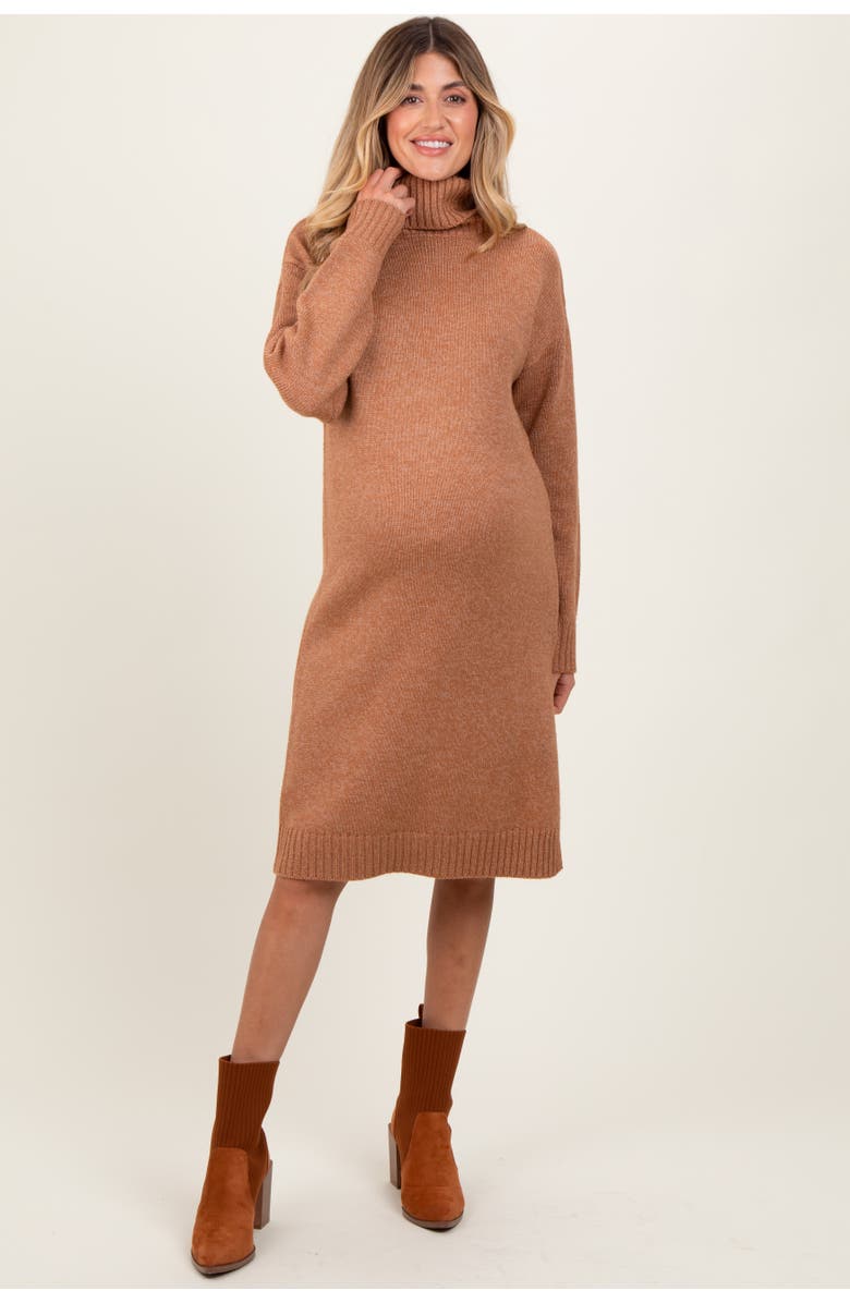 PinkBlush Turtleneck Side Slit Midi Sweater Dress, Main, color, Camel