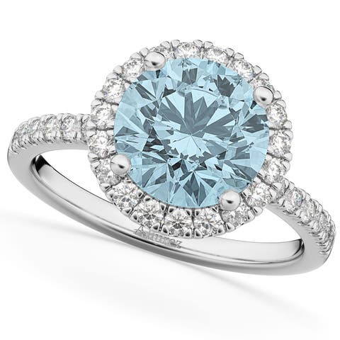 Halo Aquamarine & Diamond Engagement Ring 14K