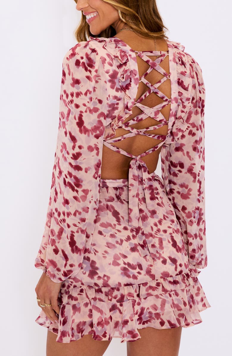 VICI Collection Amelia Floral Long Sleeve Open Back Minidress, Alternate, color, Blush Wine Floral