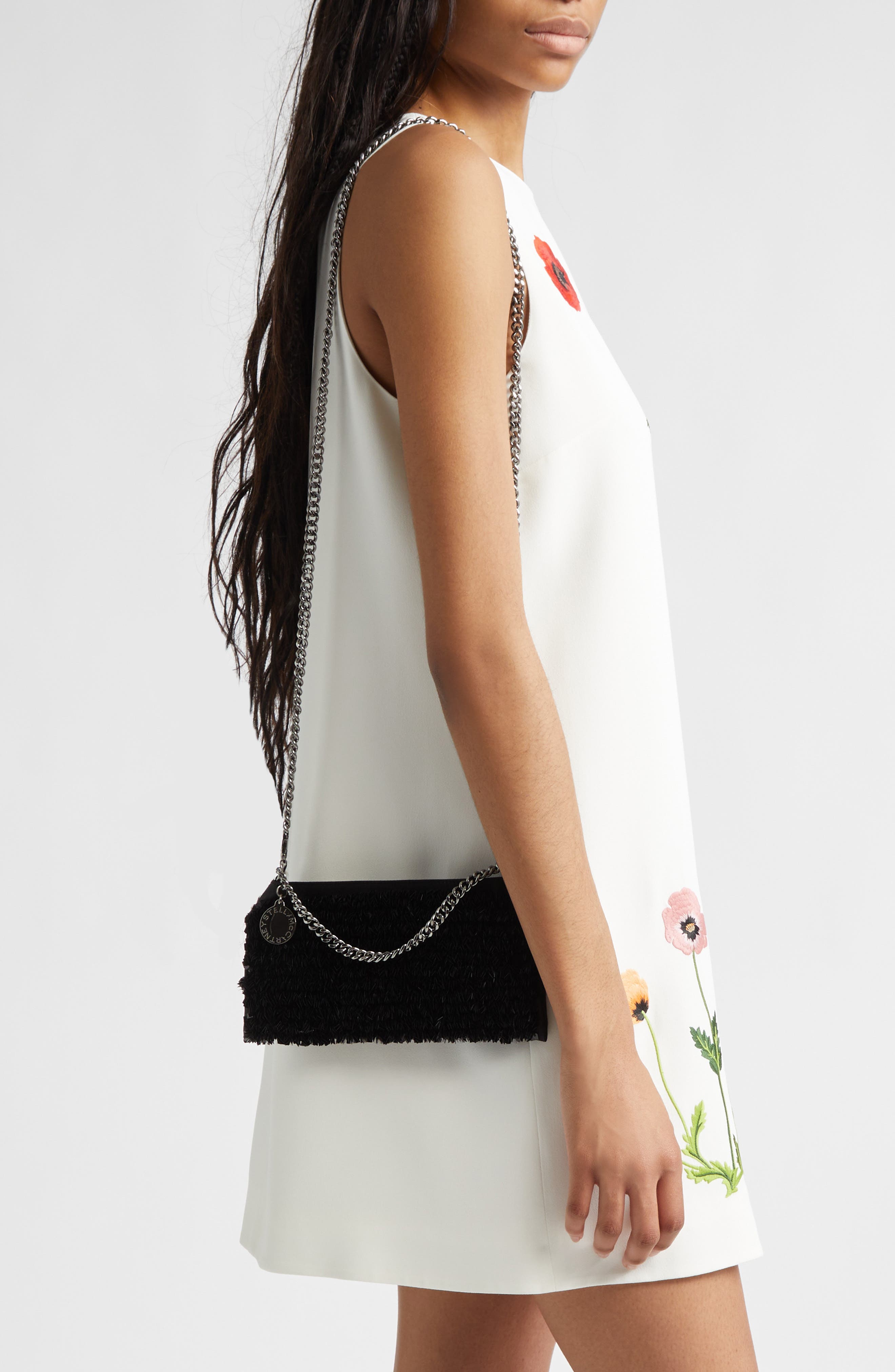 Stella McCartney Mini Falabella Beaded Satin Evening Bag, Alternate, color, Black