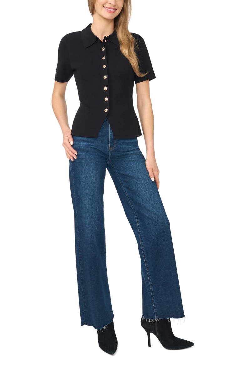 Eva Collar Peplum Short Sleeve Cardigan, Alternate, color, RICH BLACK
