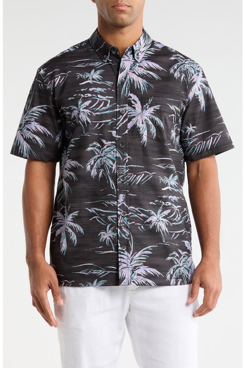 He'e Nalu Print Short Sleeve Cotton Button-Down Shirt, Main, color, BLACK
