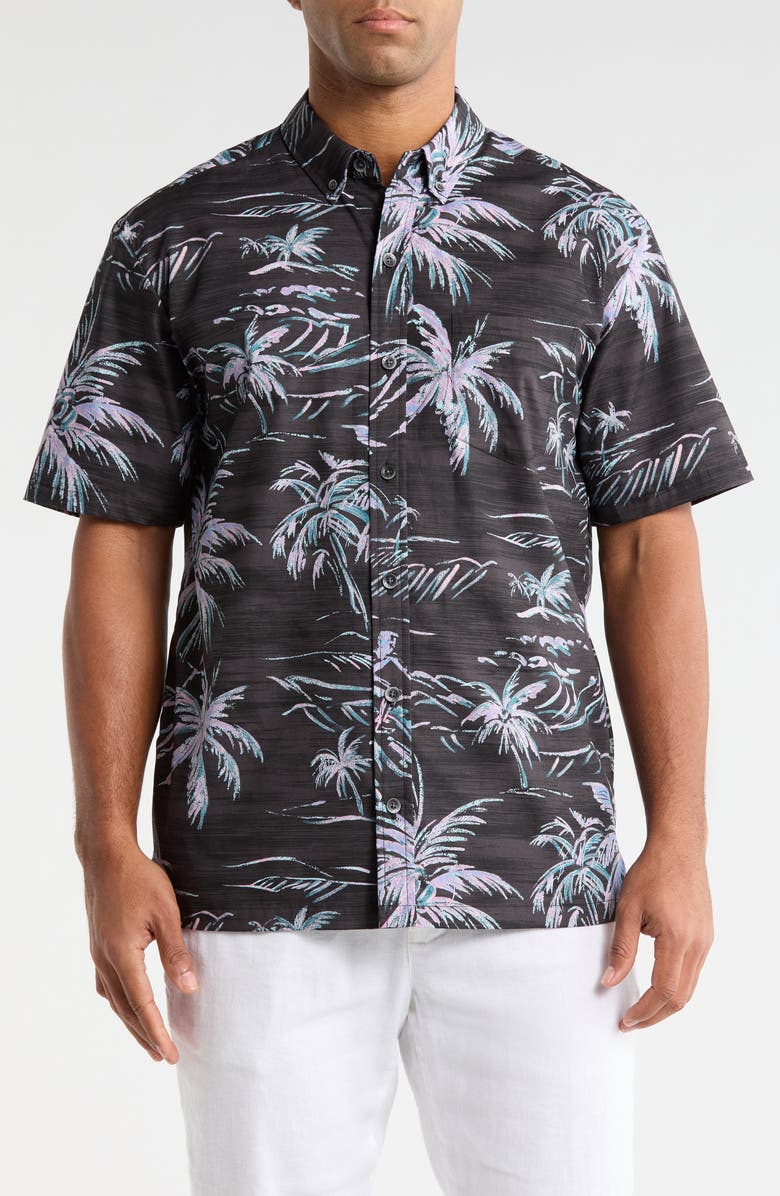 Kahala He'e Nalu Print Short Sleeve Cotton Button-Down Shirt, Main, color, Black