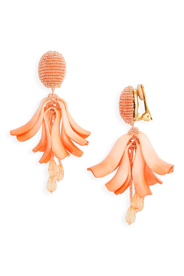 Impatiens Petal Dangle Clip-On Earrings, Main, color, APRICOT
