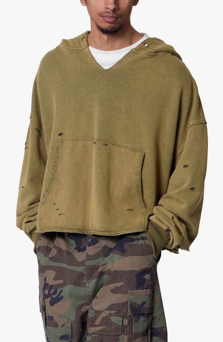 mnml Destroyed V-Neck Hoodie, Alternate, color, Washed Olive