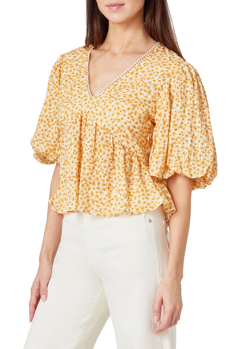 Floral Balloon Elbow Sleeve Cotton Top, Alternate, color, OAK BUFF FLORAL