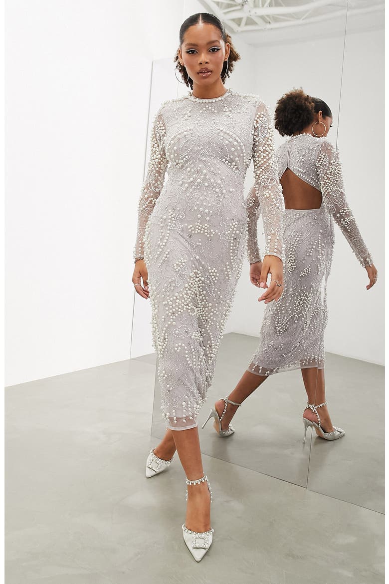 Imitation Pearl & Crystal Long Sleeve Midi Dress, Main, color, GREY