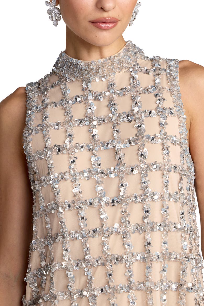Beaded Sequin Mesh Mock Neck Sleeveless Mini Dress, Alternate, color, Silver Nude