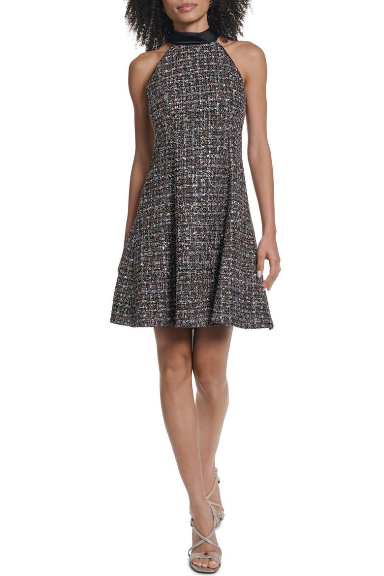 Satin Collar Tweed Fit & Flare Dress, Main, color, BLACK MULTI