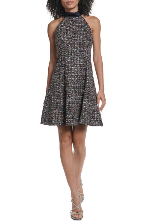 Satin Collar Tweed Fit & Flare Dress