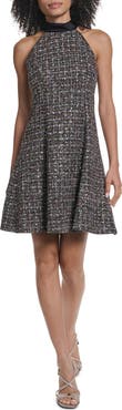 KARL LAGERFELD PARIS Satin Collar Tweed Fit & Flare Dress