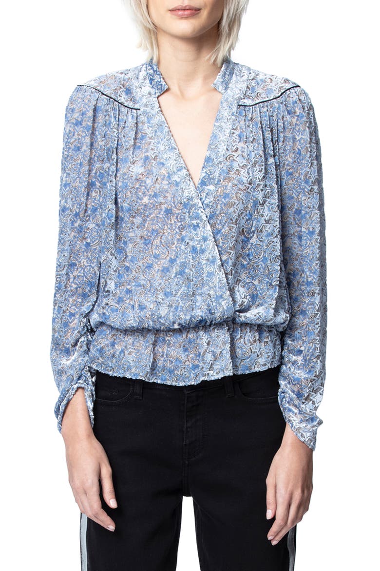 Tori Paisley Burnout Velvet Long Sleeve Blouse, Main, color, BLEUET