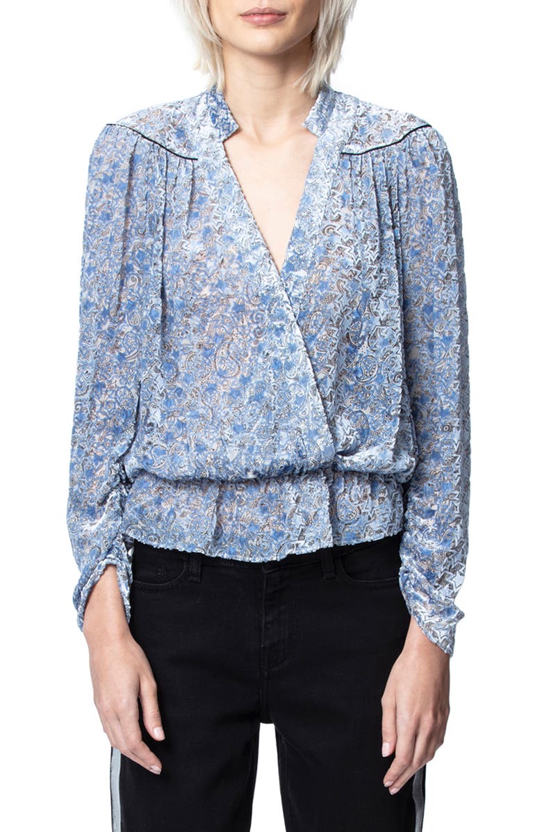 Zadig & Voltaire Tori Paisley Burnout Velvet Long Sleeve Blouse, Main, color,