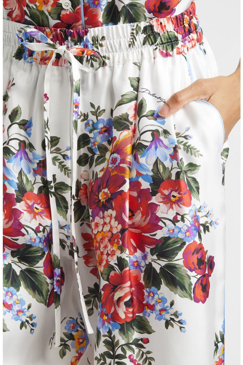 Floral Bouquet Print Silk Twill Drawstring Pants, Alternate, color, MAZZ.FIORI F.BIANCO