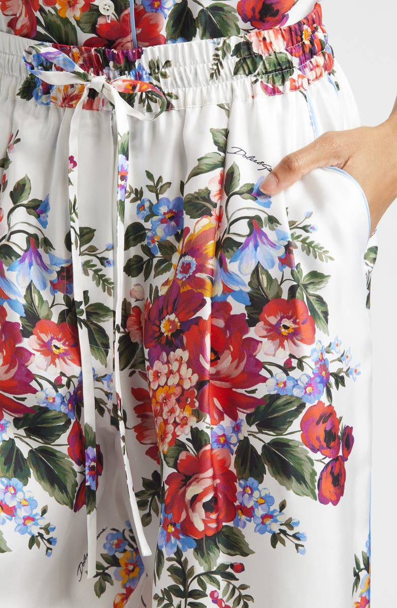 Dolce&Gabbana Floral Bouquet Print Silk Twill Drawstring Pants, Alternate, color, Mazz.fiori F.bianco