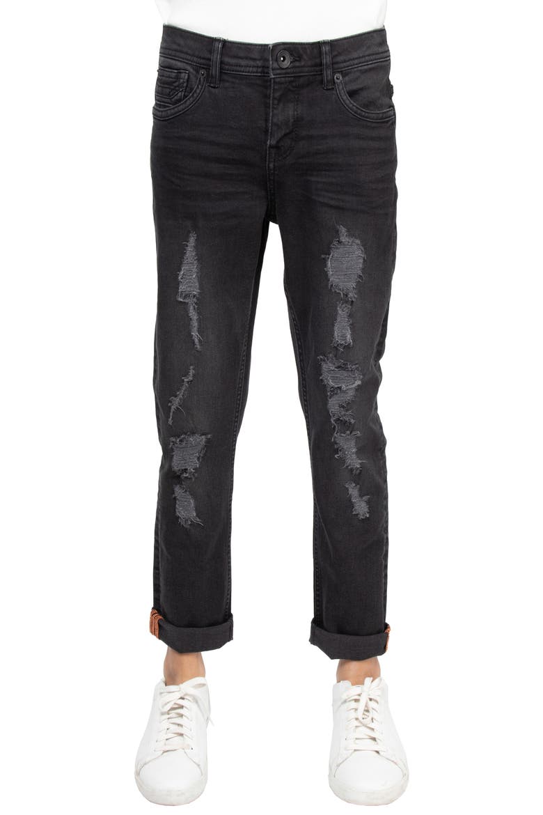 Kids' Raw X Rip & Repair Distressed Neon Stitch Jeans, Main, color, JET BLACK