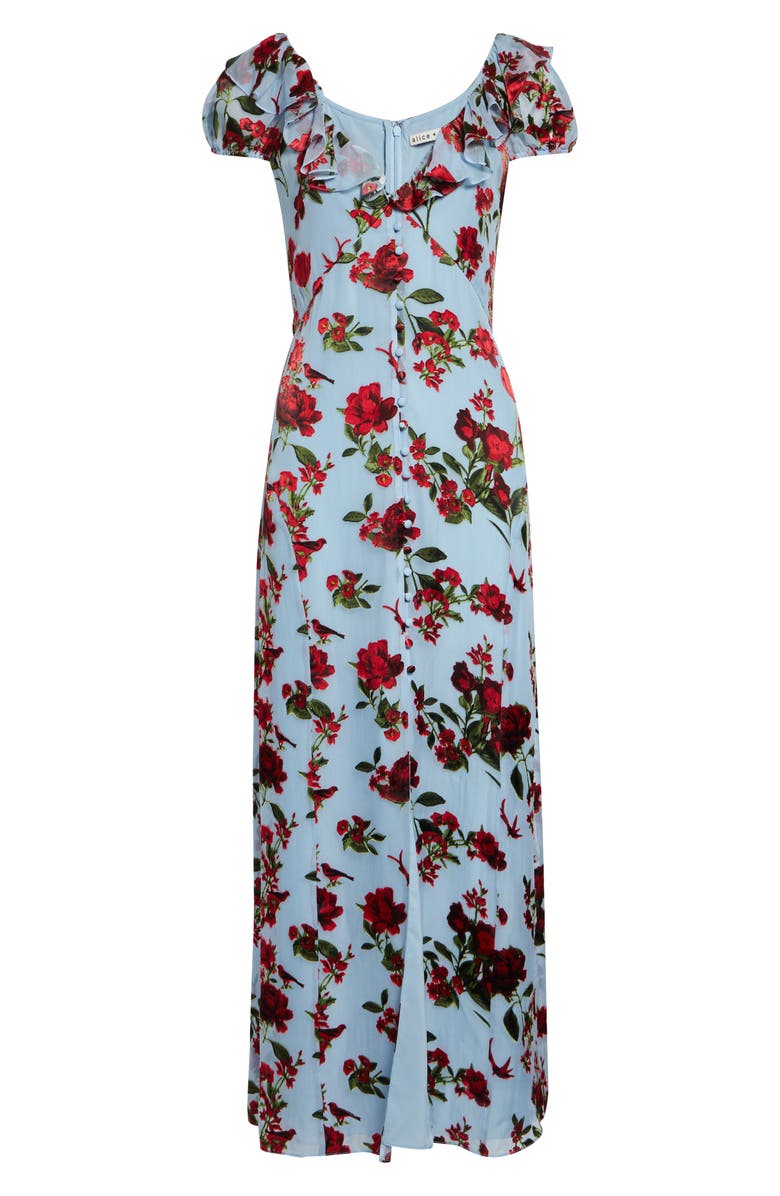 Alice + Olivia Tara Ruffle Tie Back Maxi Dress, Alternate, color, American Beauty Carolina Blue