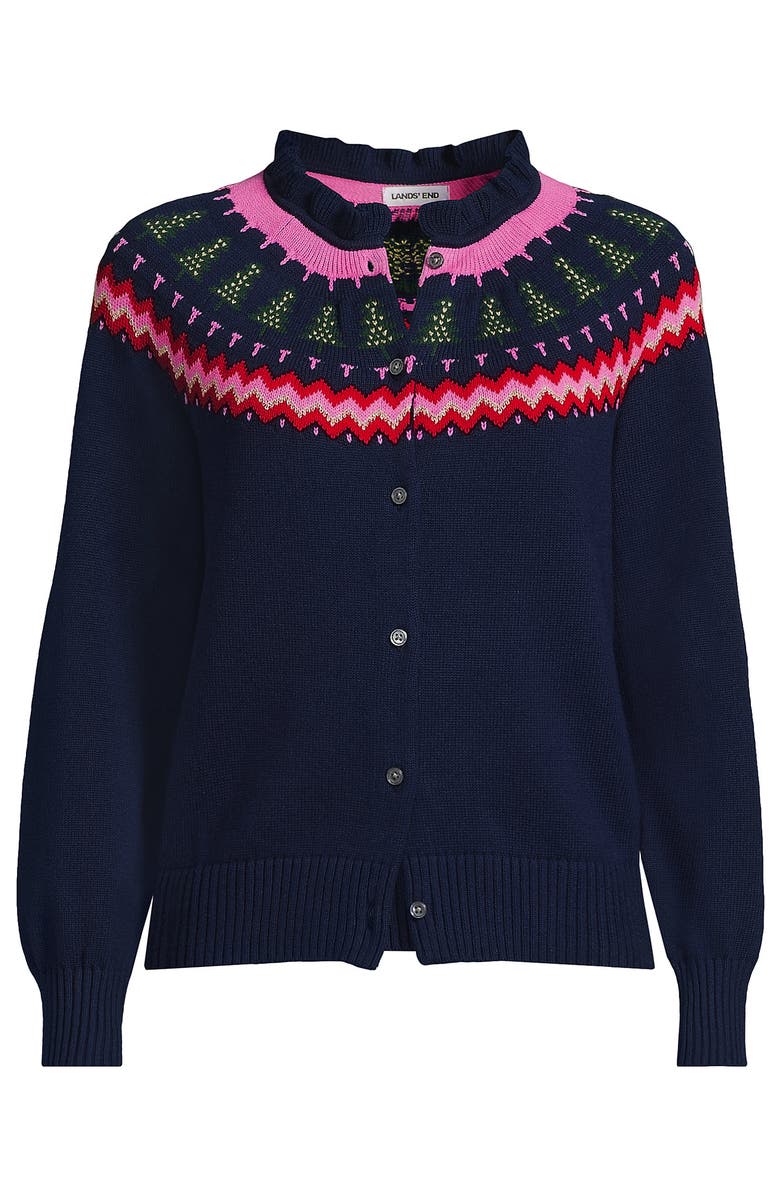 Lands' End Drifter Lurex Ruffle Neck Jacquard Cardigan Sweater, Alternate, color, Christmas Trees/Navy
