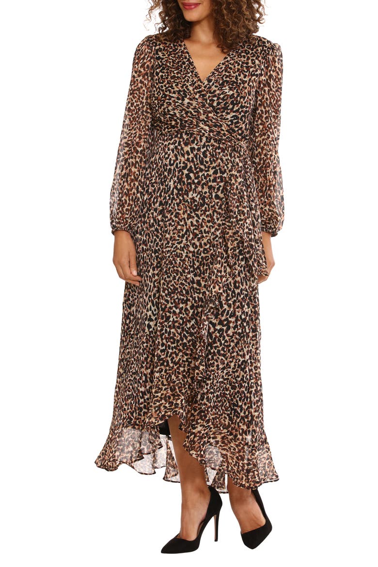 Chiffon Ruffle Long Sleeve Midi Dress, Main, color, BEIGE BRN