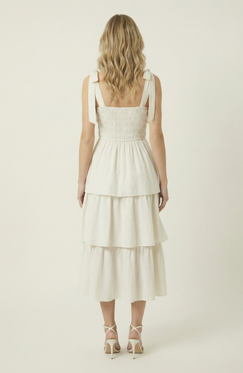 Modenaire Tiered Smocked Bow-Tie Strap Midi Dress, Alternate, color, Cream