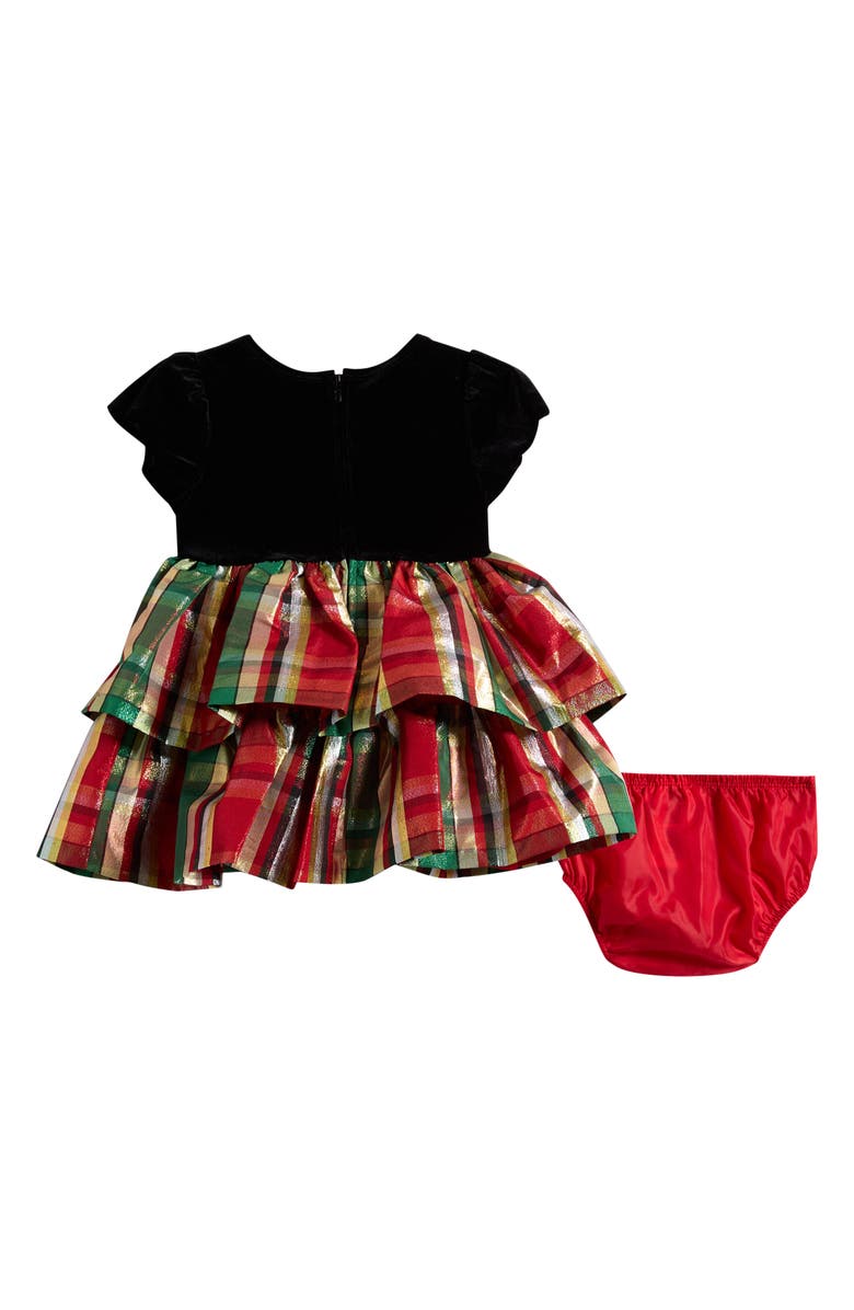 Bonnie Jean Velvet Holiday Plaid Dress & Bloomers, Alternate, color, Red