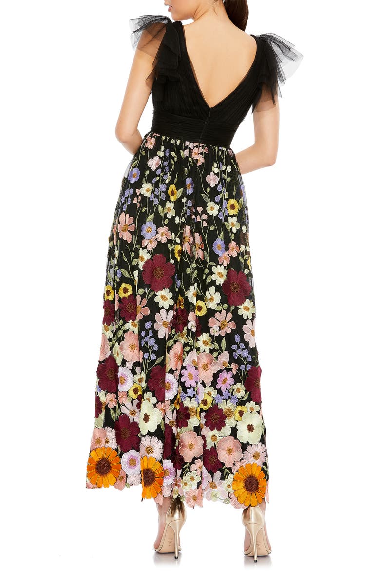 Embroidered Ruched Flutter Sleeve A Line Dress, Alternate, color, BLACK MULTI