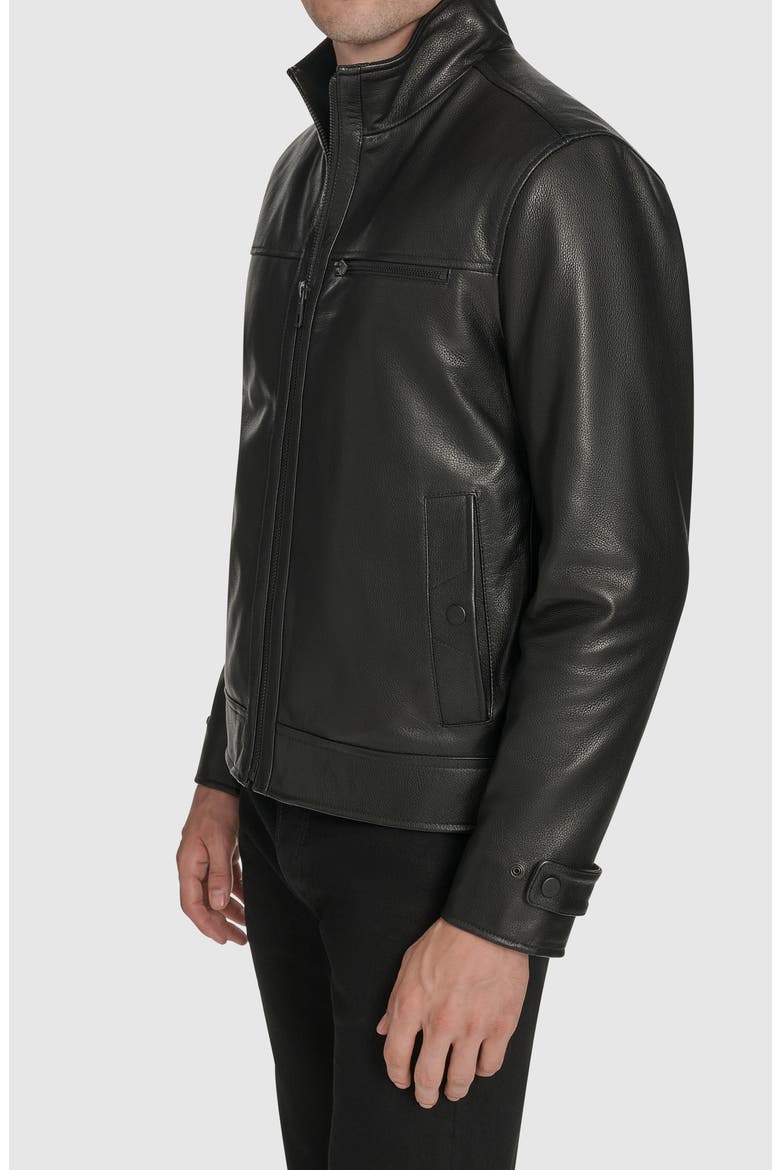 Stand Collar Leather Jacket, Alternate, color, BLACK