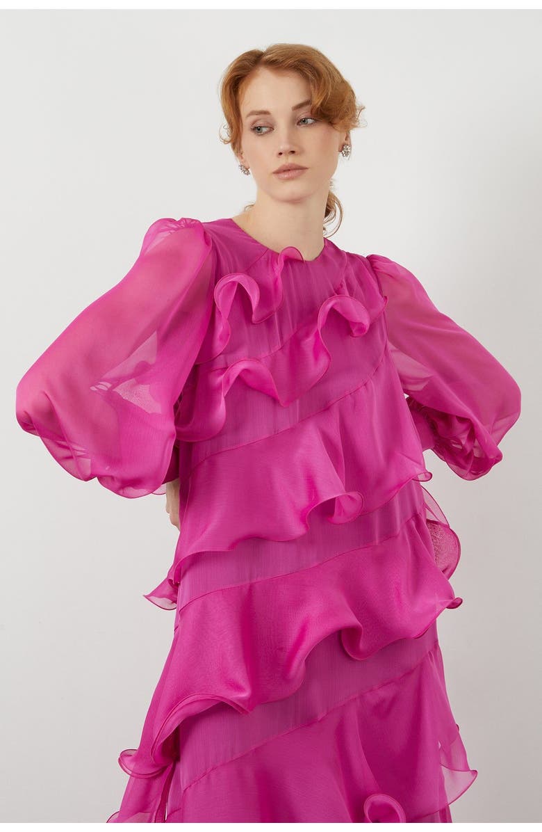 Gizia Asymmetric Ruffle Detail Long-Sleeve Lined Maxi Green Dress, Alternate, color, Green