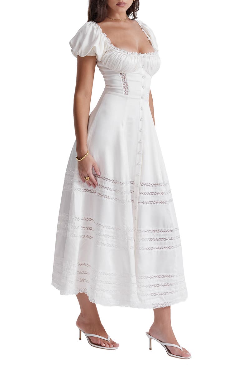 Eviana Lace Trim Puff Sleeve Silk Blend Maxi Dress, Alternate, color, WHITE