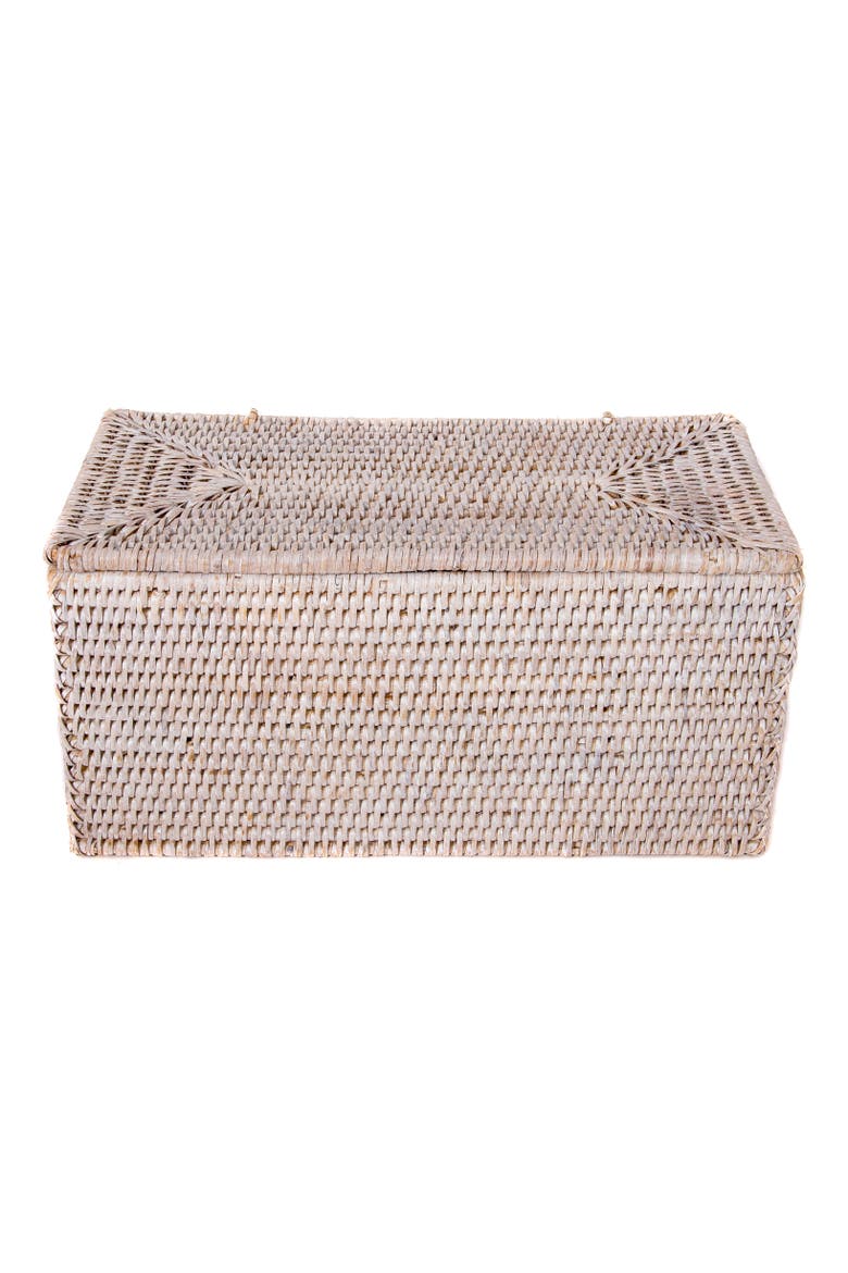 Artifacts Rattan Rectangular Double Toilet Roll Holder with Hinged Lid, Alternate, color, White Wash