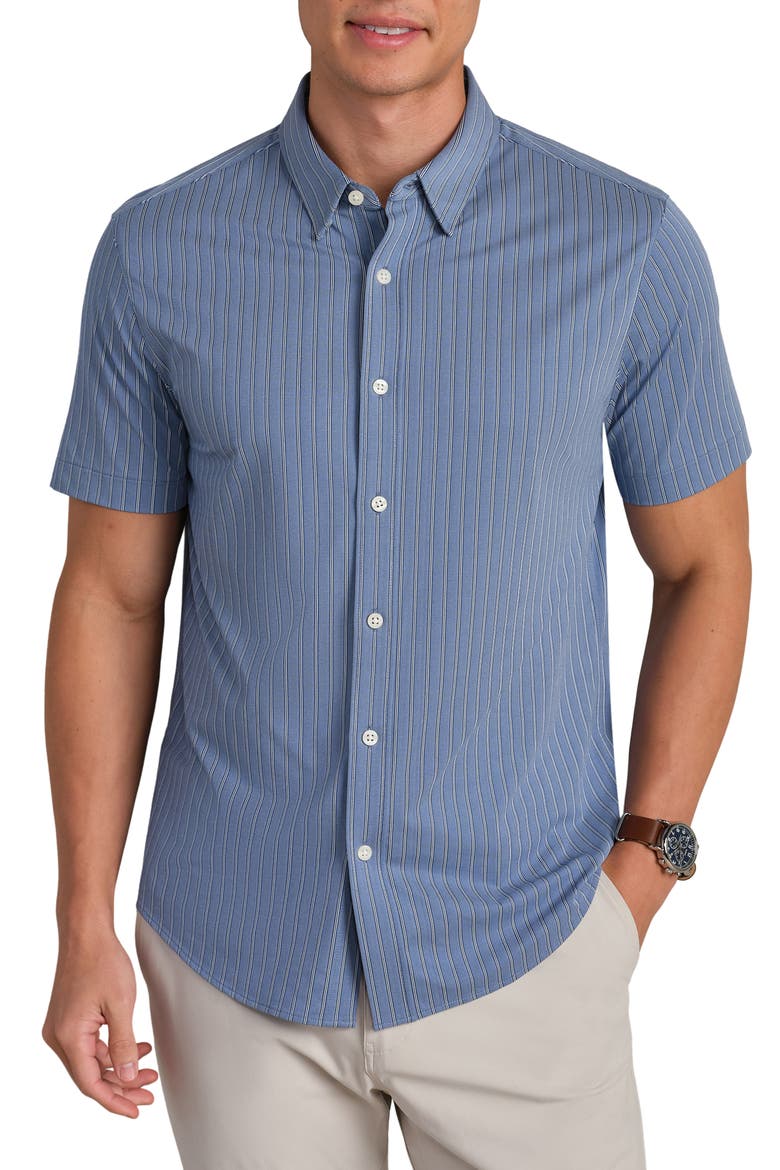 Commuter Short Sleeve Button-Up Shirt, Main, color, SHALE BLUE WASHED STRIPE