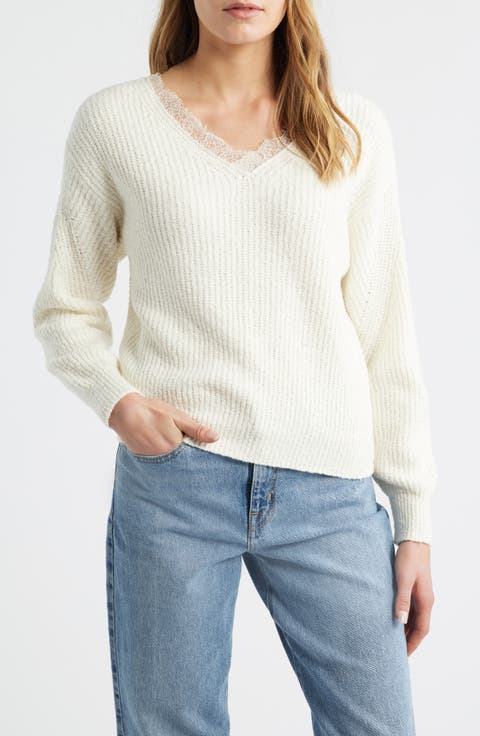 Lace Accent Cotton Blend V-Neck Sweater