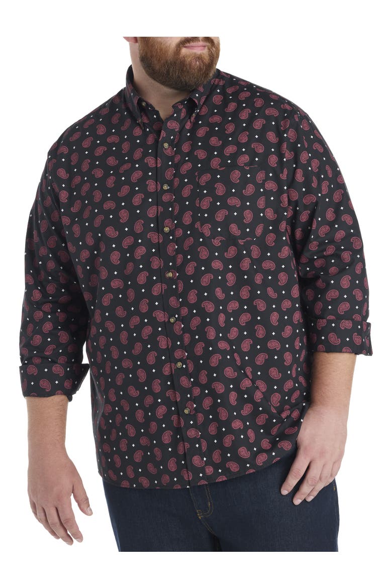 Big & Tall Easy-Care Paisley Print Sport Shirt, Main, color, BLACK