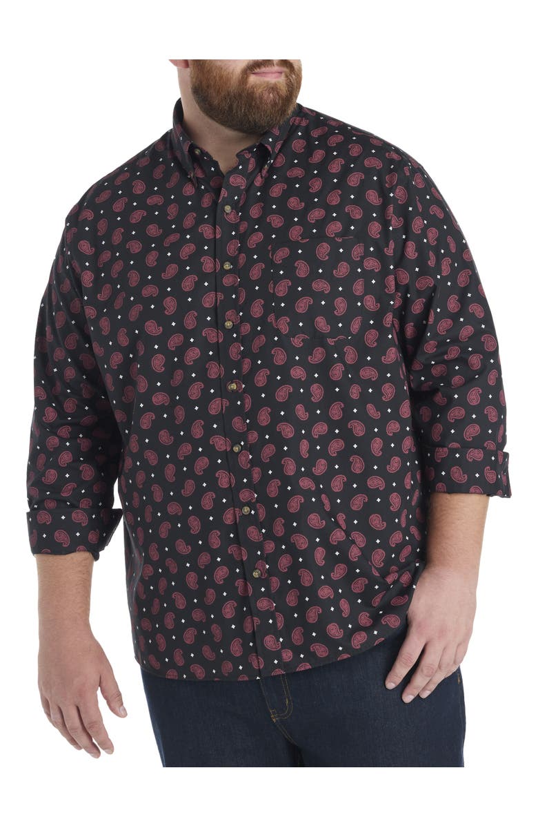 Harbor Bay by DXL Big & Tall Easy-Care Paisley Print Sport Shirt, Main, color, Black