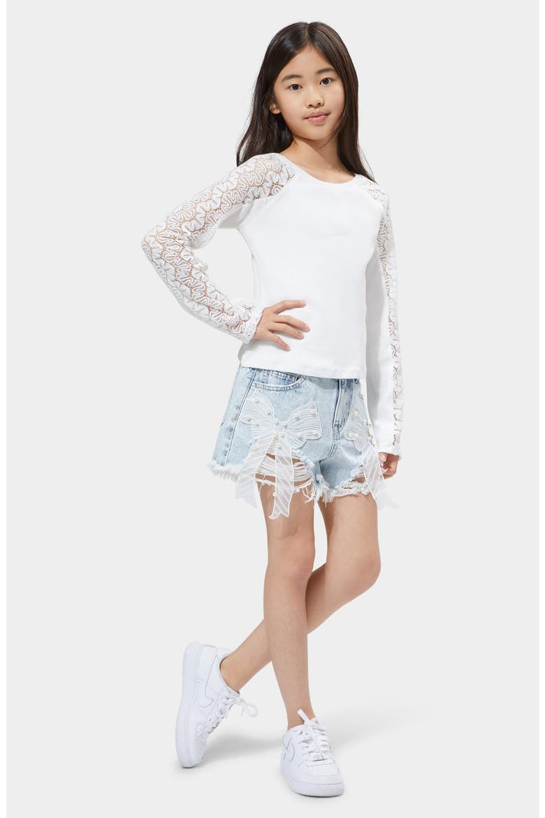 Kids' Imitation Pearl Organza Bow Denim Shorts, Alternate, color, LIGHT STONE
