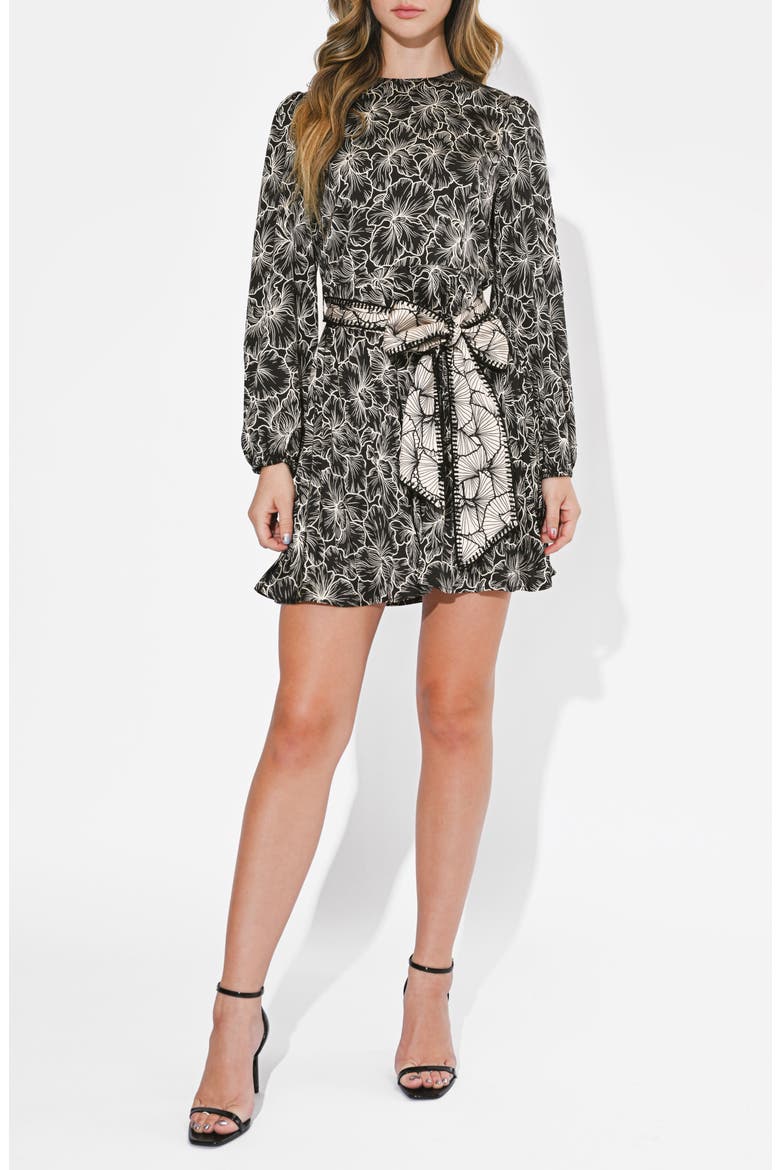 Sasha Floral Long Sleeve Minidress, Alternate, color, BLACK/ CREAM