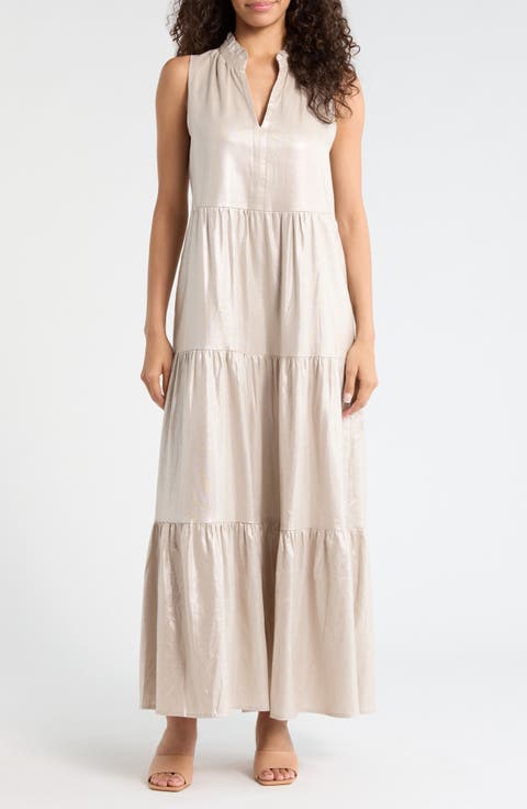 Ruffle Sleeveless Tiered Linen Blend Maxi Dress