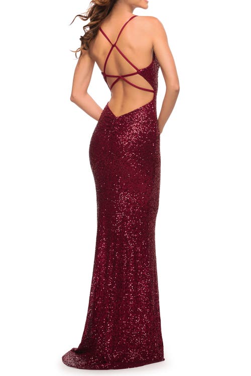 La Femme Soft Sequin Long Gown With Lace Up Back In Burgundy