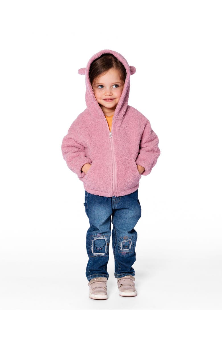 Deux par Deux Hooded Full Zip Cat Plush Jacket, Main, color, Dusty Pink