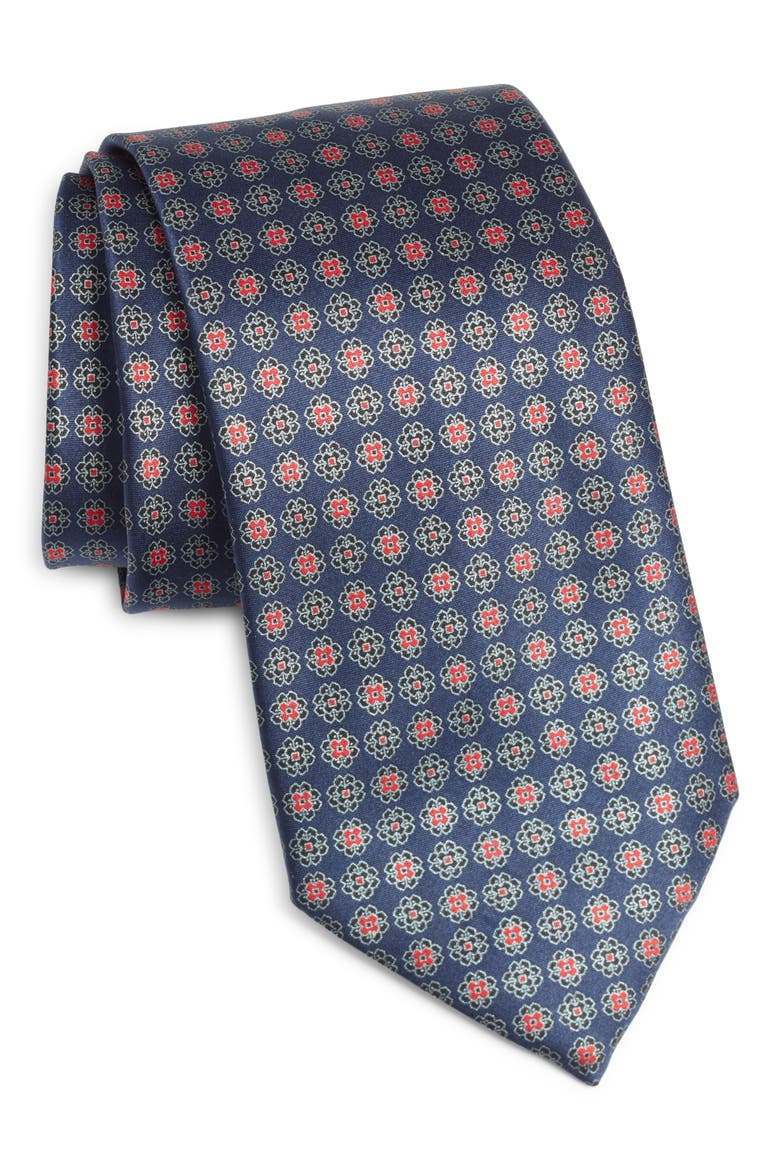 Floral Medallion Silk Tie, Main, color, NAVY